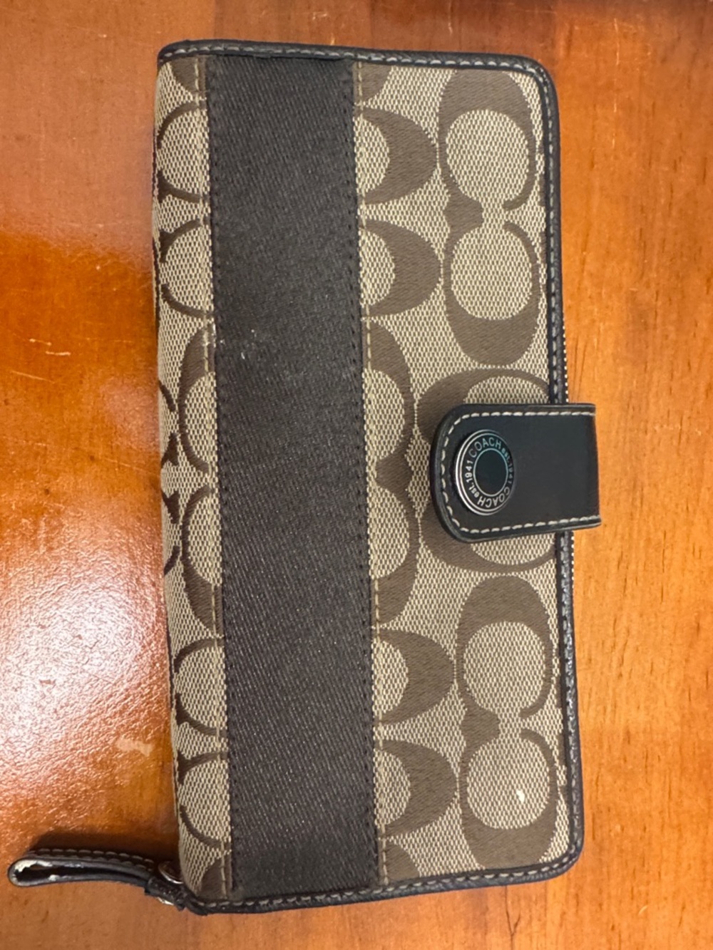 Coach Brown Signature Canvas Wallet with Dark Brown Stripe